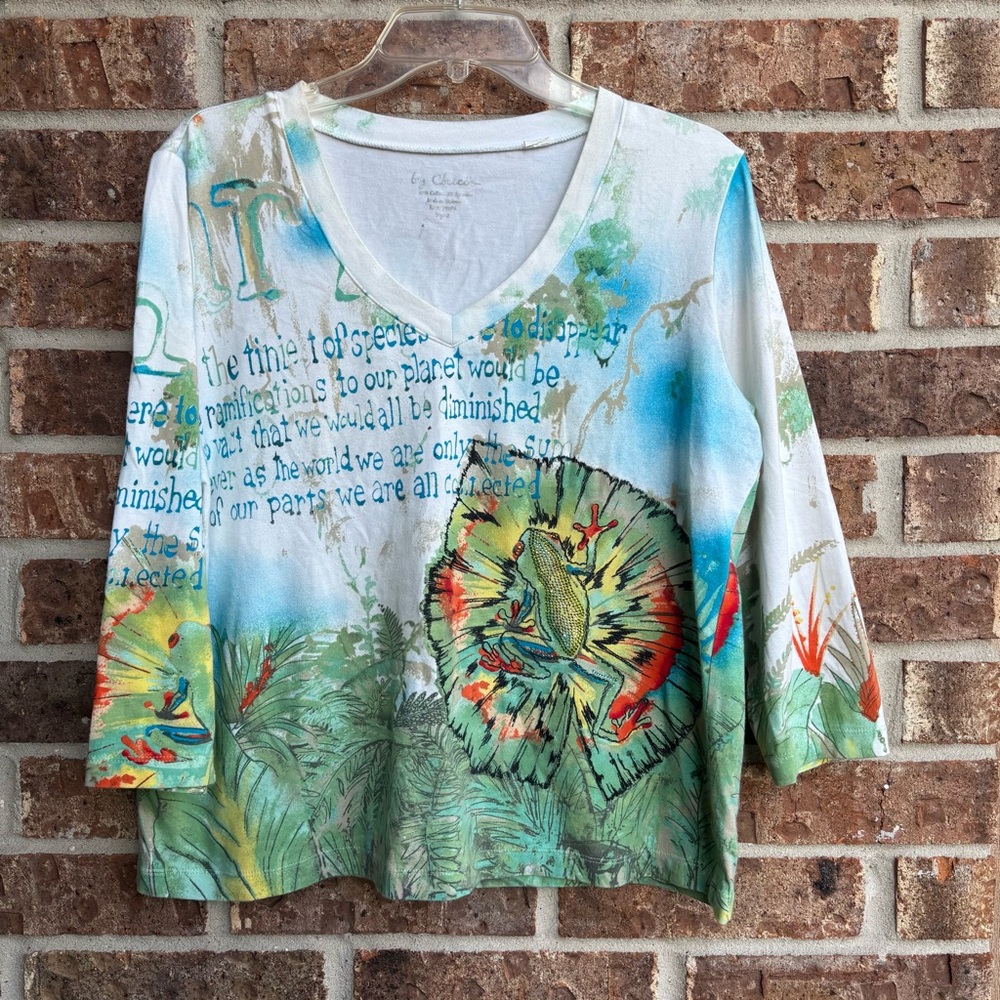 Chicos Colorful Artistic studded frog V-Neck Women's Top
